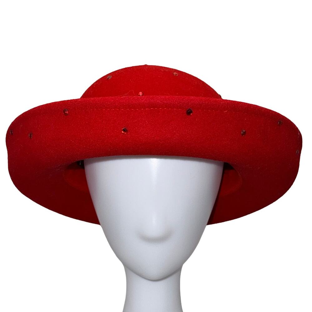 Scala Red Wool Wide Brim Rhinestone Church Derby Easter Holiday Statement Hat
